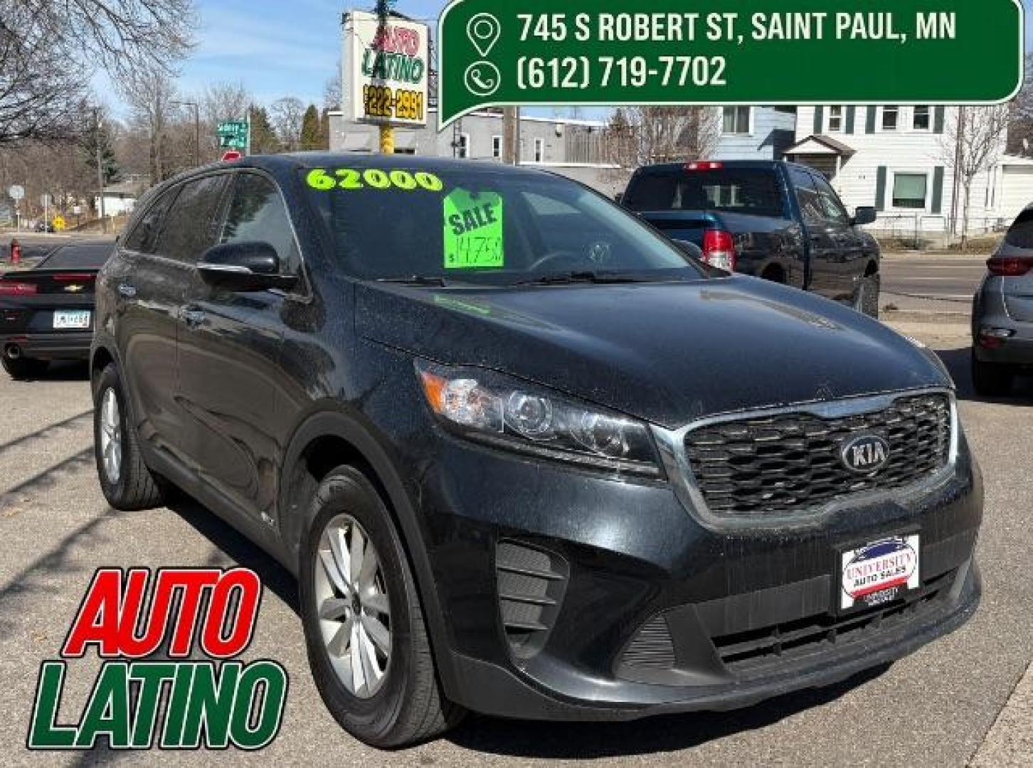 2019 Ebony Black /Satin Black Kia Sorento 2.4L LX (5XYPGDA34KG) with an 2.4L I-4 gasoline direct injection engine, located at 745 S Robert St, St. Paul, MN, 55107, (651) 222-2991, 44.923389, -93.081215 - Photo#0