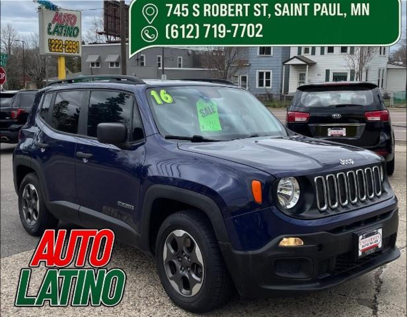 2016 Jetset Blue /Sandstorm/Black Jeep Renegade Sport (ZACCJAAW5GP) with an MultiAir 1.4L I-4 variable valve control engine, 6-Speed Manual transmission, located at 745 S Robert St, St. Paul, MN, 55107, (651) 222-2991, 44.923389, -93.081215 - Photo#0